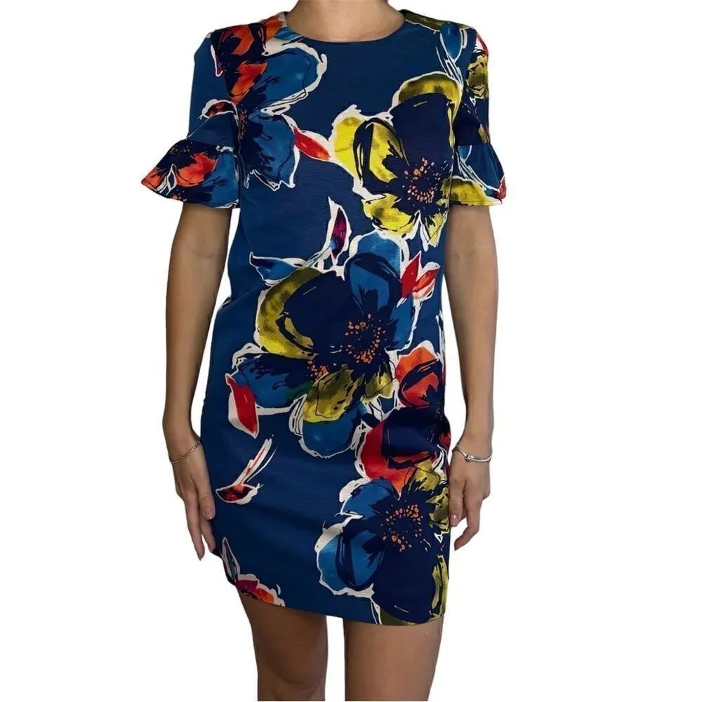 Trina Turk Mini Colorful Dress Short Sleeve Floral Stretch Crepe Shift Size XS